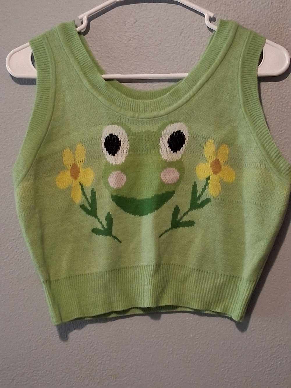 Boho Green Frog Knit Cropped Tank Top Medium